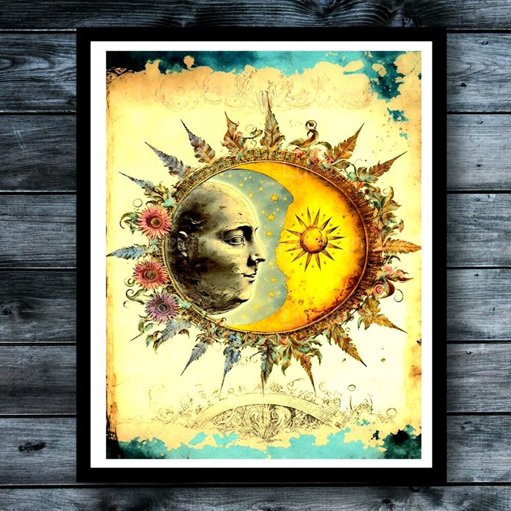 Sun Moon Celestial Floral Vintage Art Print Moon Sun Star